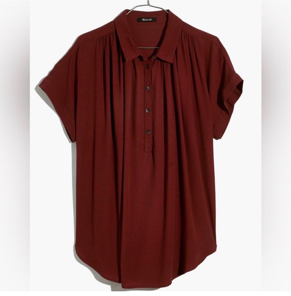 Madewell Medium Central Drapey Popover Blouse Dusty Burgundy Buttons Cap Sleeves